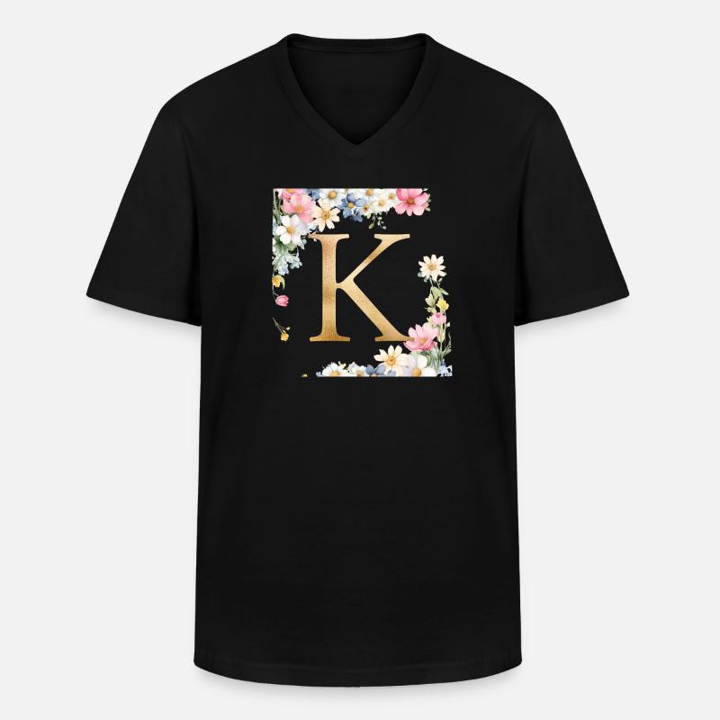K Monogramm, Floral, personalisierbar - Männer-T-Shirt mit V-Ausschnitt - Schwarz