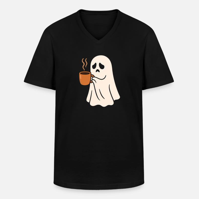 Schauriges Geist mit Kaffeetasse - Männer-T-Shirt mit V-Ausschnitt - Schwarz