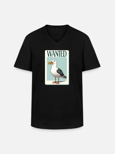 Wanted Seagull with Fries - Men's V-Neck T-Shirt - black