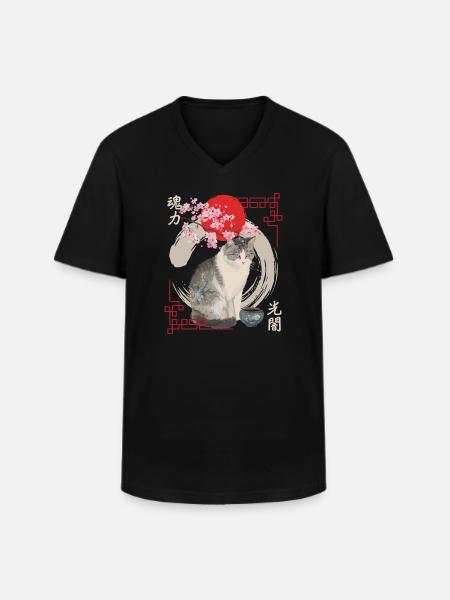 Japanese cat with cherry blossoms - Men's V-Neck T-Shirt - black