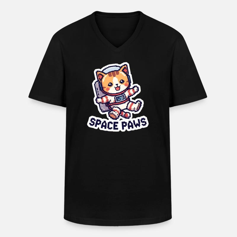 Space Paws – Pixel Cat in Space - Männer-T-Shirt mit V-Ausschnitt - Schwarz