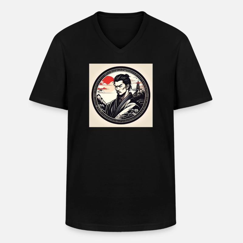 Samurai in circle frame sunset - Men's V-Neck T-Shirt - black