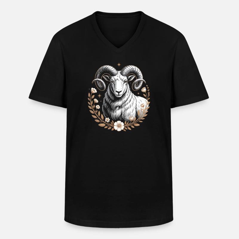 Widder Sternzeichen Mit Blumen Und Sternen - Männer-T-Shirt mit V-Ausschnitt - Schwarz