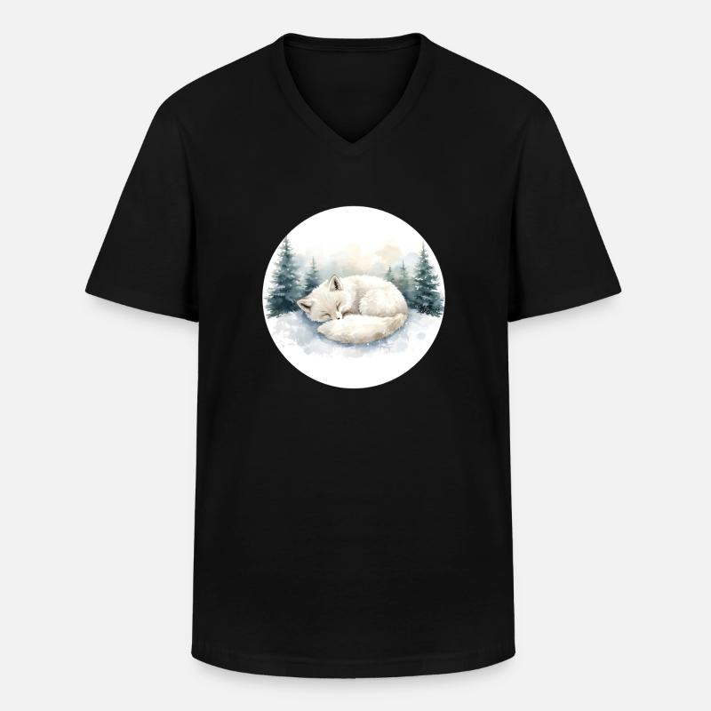 Polarfuchs Schneeschlaf Aquarell - Männer-T-Shirt mit V-Ausschnitt - Schwarz