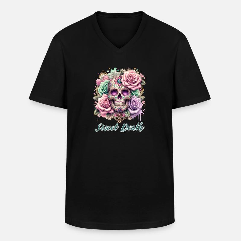 Fleurs Crâne Beauté Floraison - T-shirt col V Homme - noir