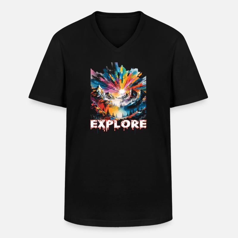 Farbintensive Landschaft mit 'Explore' Aufdruck - Männer-T-Shirt mit V-Ausschnitt - Schwarz