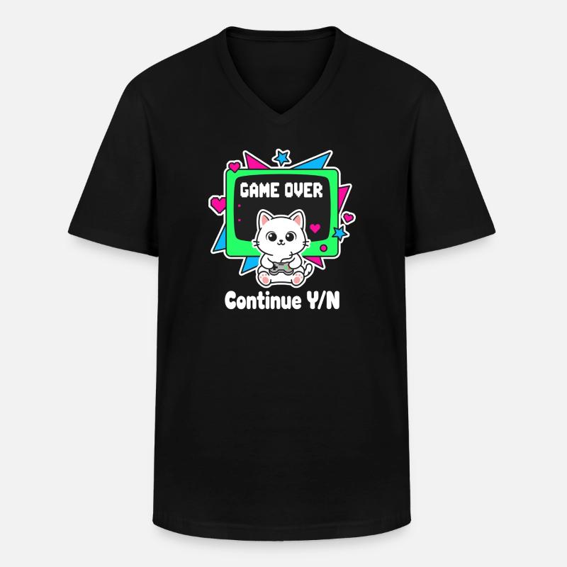 Retro Katzen Controller Game Over - Männer-T-Shirt mit V-Ausschnitt - Schwarz