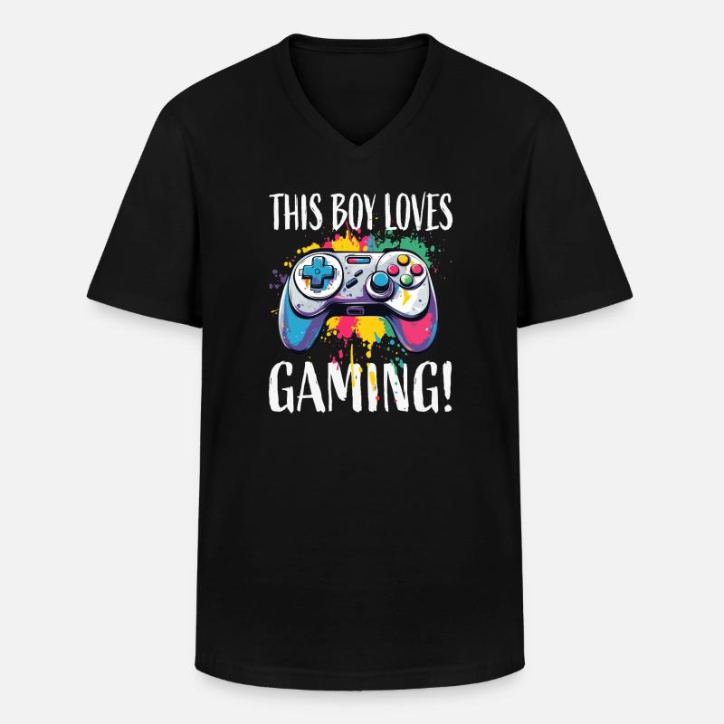 Junge liebt Gaming – bunte Controller-Splash - Männer-T-Shirt mit V-Ausschnitt - Schwarz
