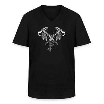 Crossed Tomahawks with Feathers – Line Art - Men's V-Neck T-Shirt - black - Front - AI Model Male 178 dark (178cm)