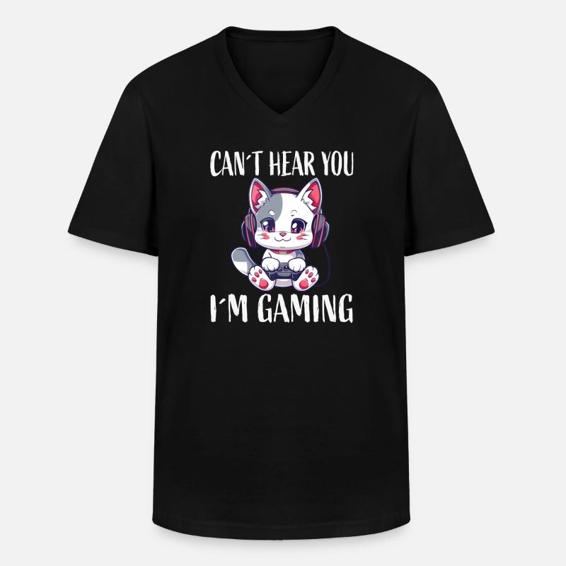 Gaming-Katze Kopfhörer - Männer-T-Shirt mit V-Ausschnitt - Schwarz