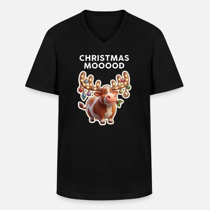 Weihnachtskuh mit Leuchtornamenten - Männer-T-Shirt mit V-Ausschnitt - Schwarz