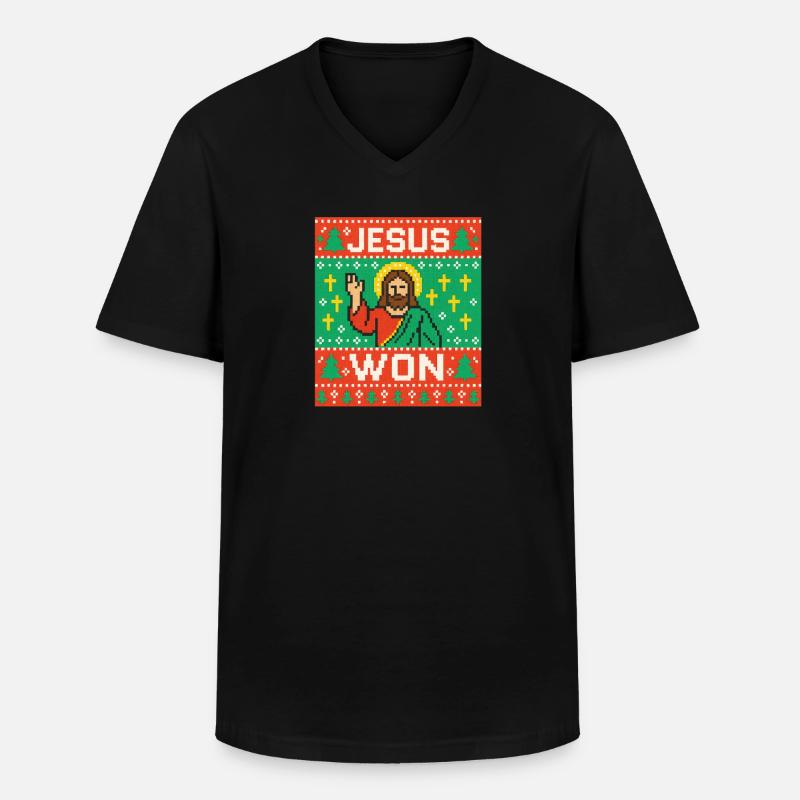 Jesus Won hässlicher Weihnachtspullover-Stil, christlich - Männer-T-Shirt mit V-Ausschnitt - Schwarz