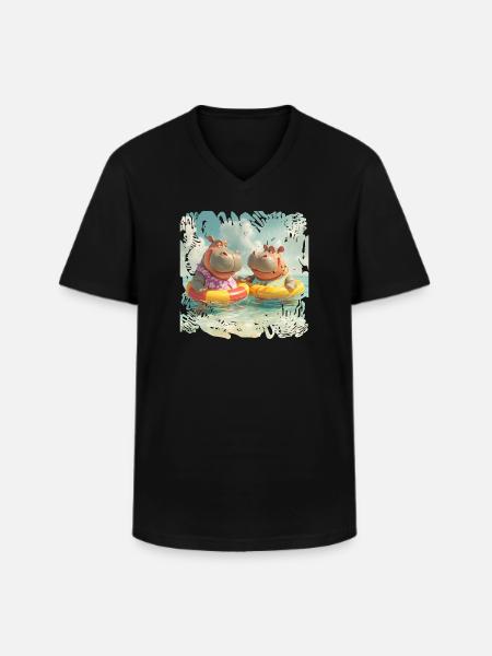 Südsee-Hippos im Schwimmreifen - Männer-T-Shirt mit V-Ausschnitt - Schwarz