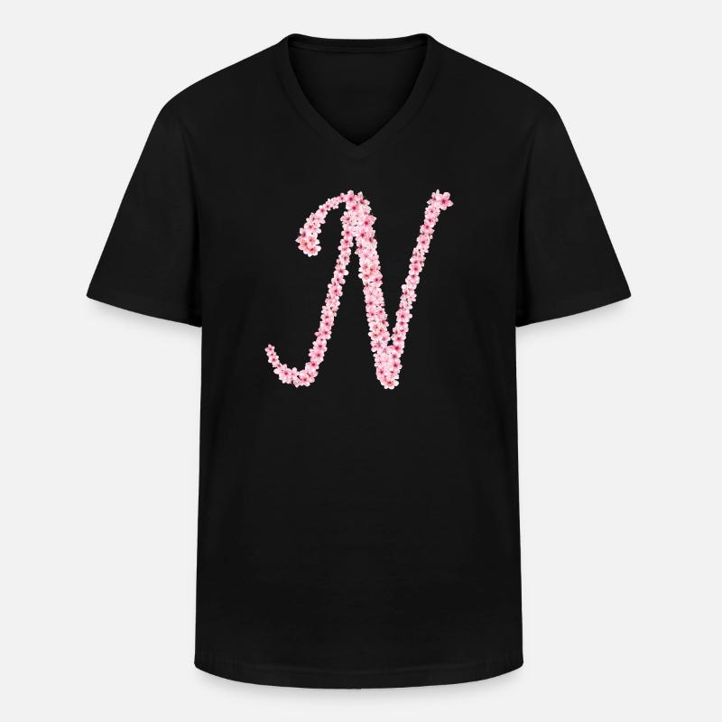 Kirschblüteninitial N - Männer-T-Shirt mit V-Ausschnitt - Schwarz