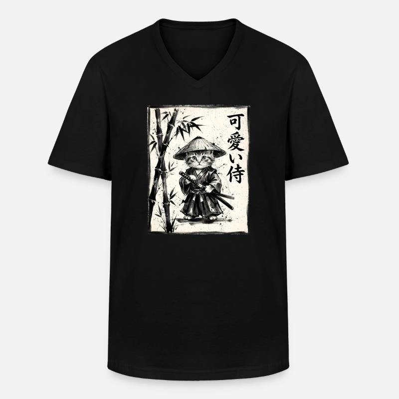 Samurai Cat Sumi-e Ink Drawing - Men's V-Neck T-Shirt - black