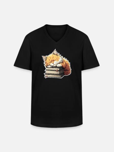 Cute Cat Sleeping on Book Pile - Men's V-Neck T-Shirt - black