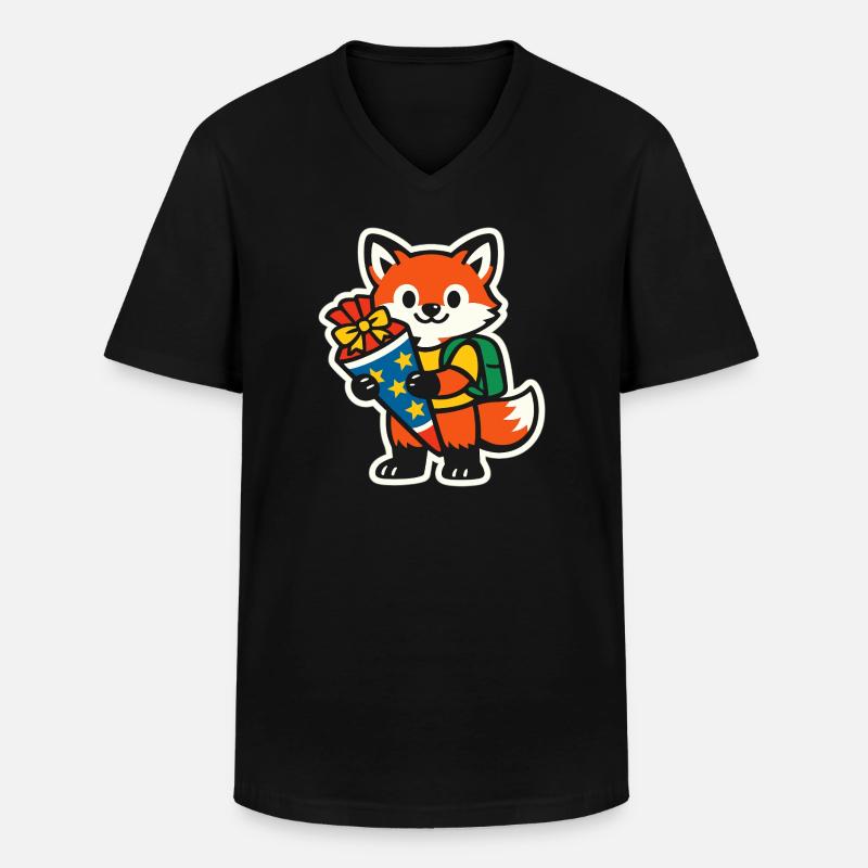 Fuchs mit Geschenk und Rucksack Einschulung - Männer-T-Shirt mit V-Ausschnitt - Schwarz