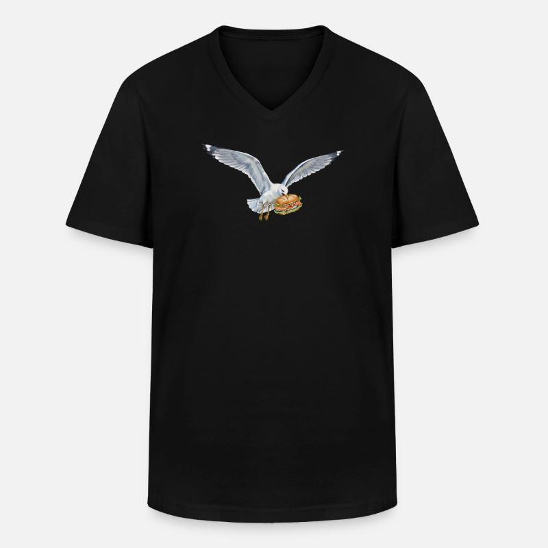 Funny Seagull Steals Fish Rolls Beach - Men's V-Neck T-Shirt - black