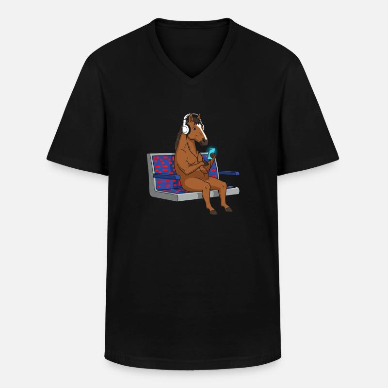 Pony mit Kopfhörern am Smartphone - Männer-T-Shirt mit V-Ausschnitt - Schwarz