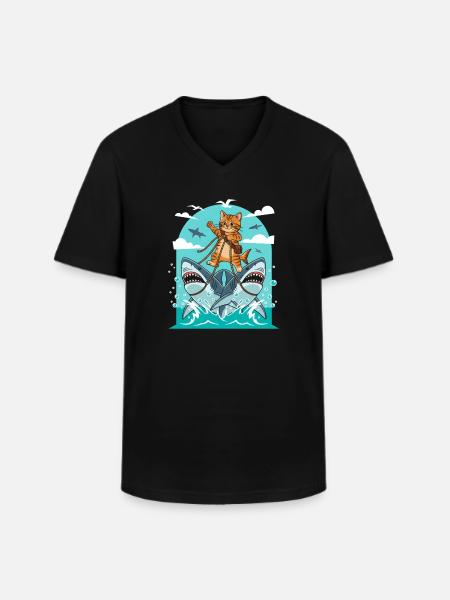 Kittens on shark adventures - Men's V-Neck T-Shirt - black