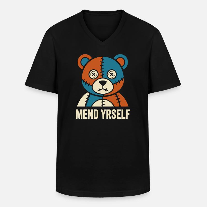 Patchwork Bear: Stitches & Contrast - Men's V-Neck T-Shirt - black