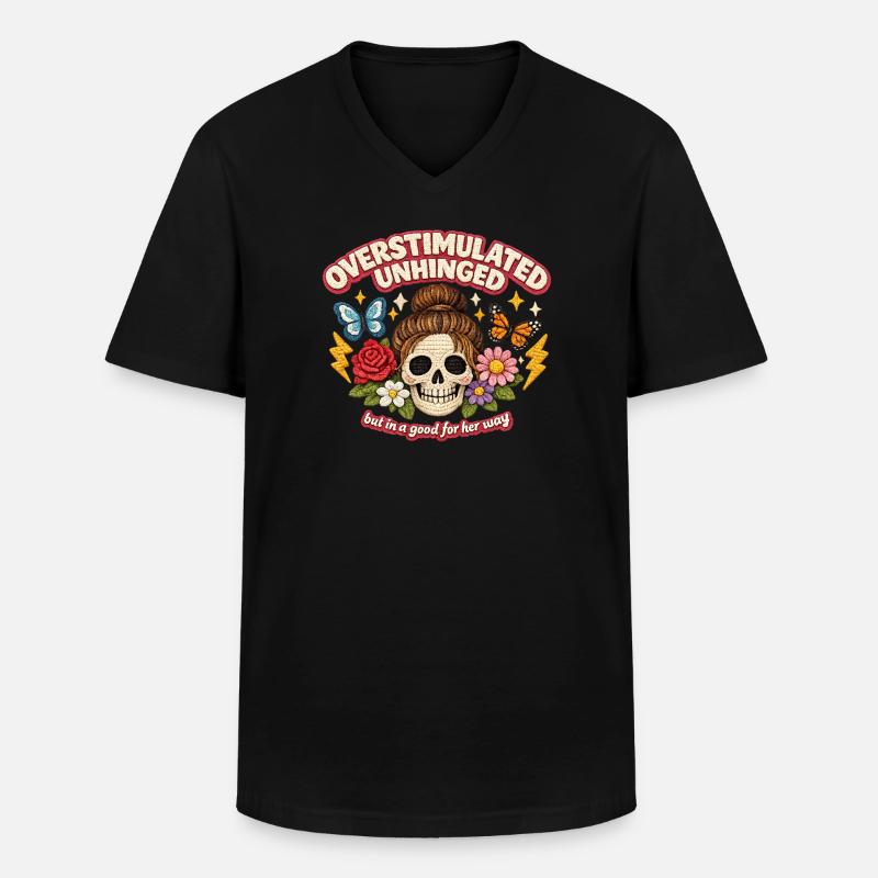 Überstimulierter Schädel mit Blumen Patch - Männer-T-Shirt mit V-Ausschnitt - Schwarz