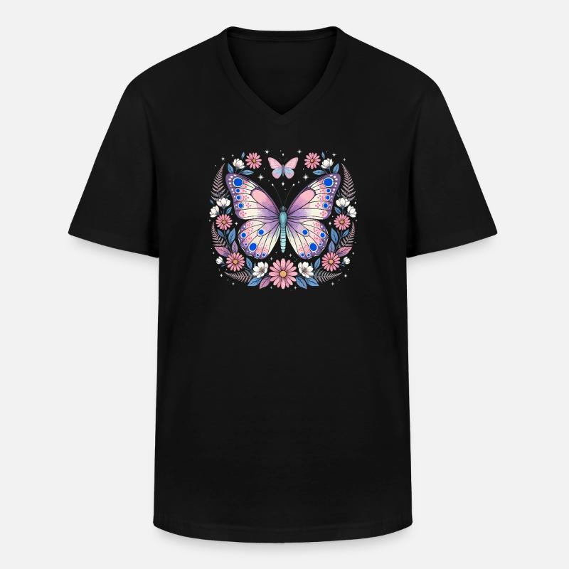 Pastellschmetterling im Blütenkranz - Männer-T-Shirt mit V-Ausschnitt - Schwarz
