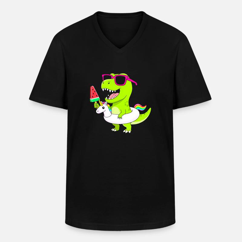 Neon-Dino mit Eis und Einhorn - Männer-T-Shirt mit V-Ausschnitt - Schwarz