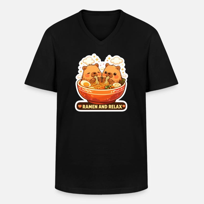 Capybara Ramen & Relax Sticker - Männer-T-Shirt mit V-Ausschnitt - Schwarz