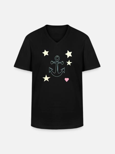 Anker-Handzeichnung mit Sternen Herz - Männer-T-Shirt mit V-Ausschnitt - Schwarz