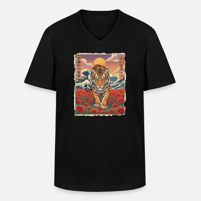 Tiger Mohnblumen Kawaii - Männer-T-Shirt mit V-Ausschnitt - Schwarz