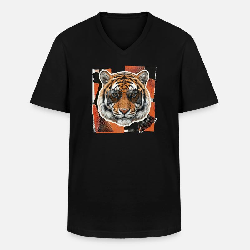 Tiger Sonnenbrille Risographie - Männer-T-Shirt mit V-Ausschnitt - Schwarz