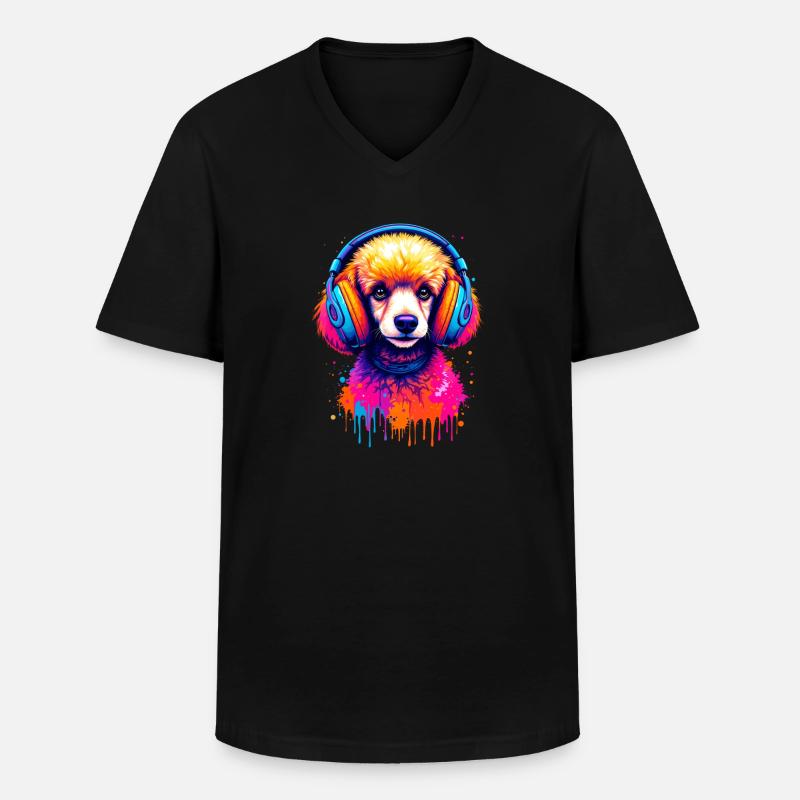 Pudel mit Kopfhörern - Männer-T-Shirt mit V-Ausschnitt - Schwarz