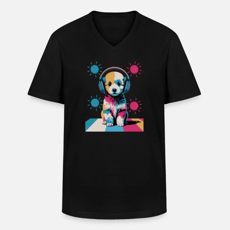 Pudel Welpe mit Kopfhörer - Männer-T-Shirt mit V-Ausschnitt - Schwarz