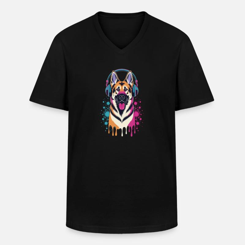 Deutscher Schäferhund mit Kopfhörer - Männer-T-Shirt mit V-Ausschnitt - Schwarz