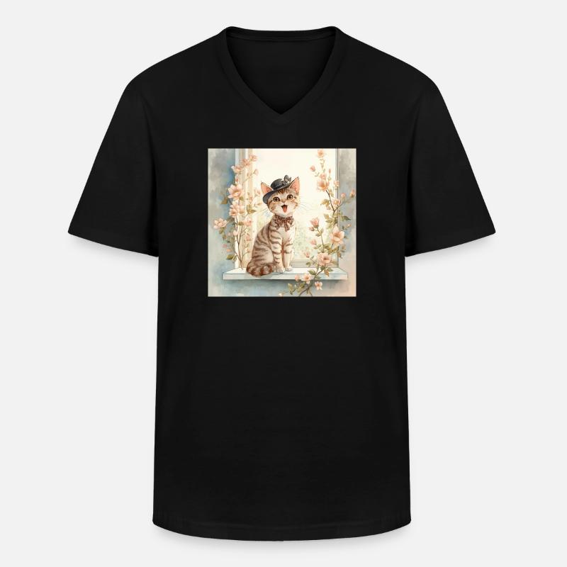 Whimsical Cat on Windowsill - Men's V-Neck T-Shirt - black