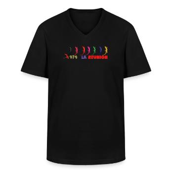 Geckos Arc ciel 974 Réunion - T-shirt col V Homme - noir - Devant - AI Model Male 178 dark (178cm)