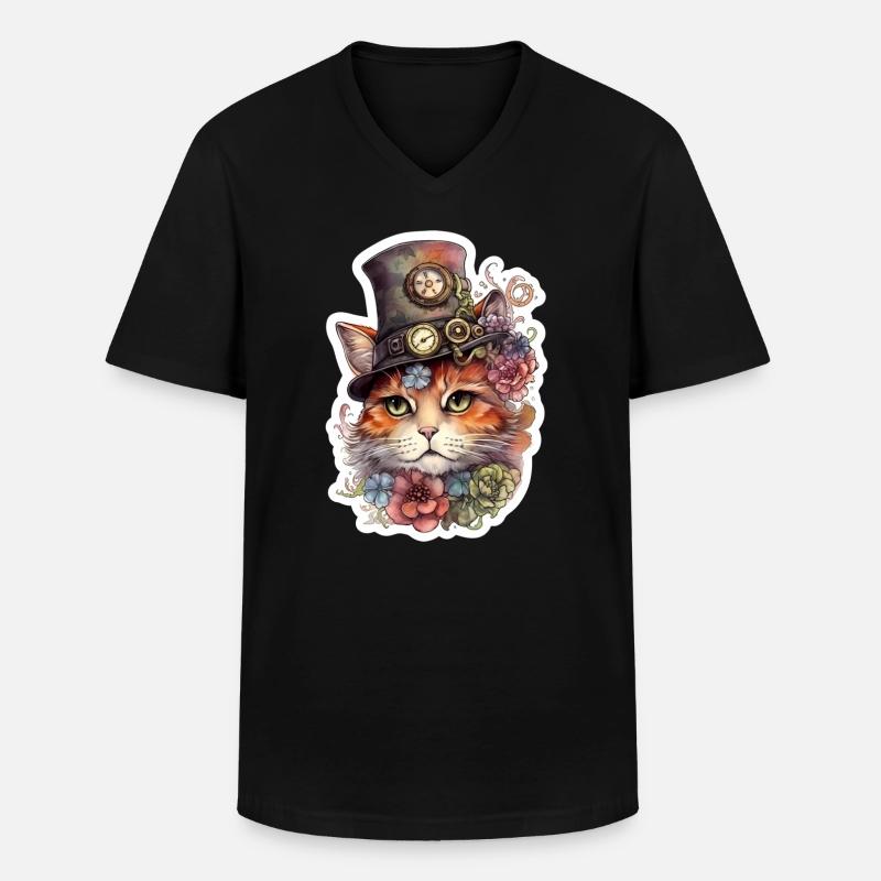 Steampunk cat with hat - Men's V-Neck T-Shirt - black