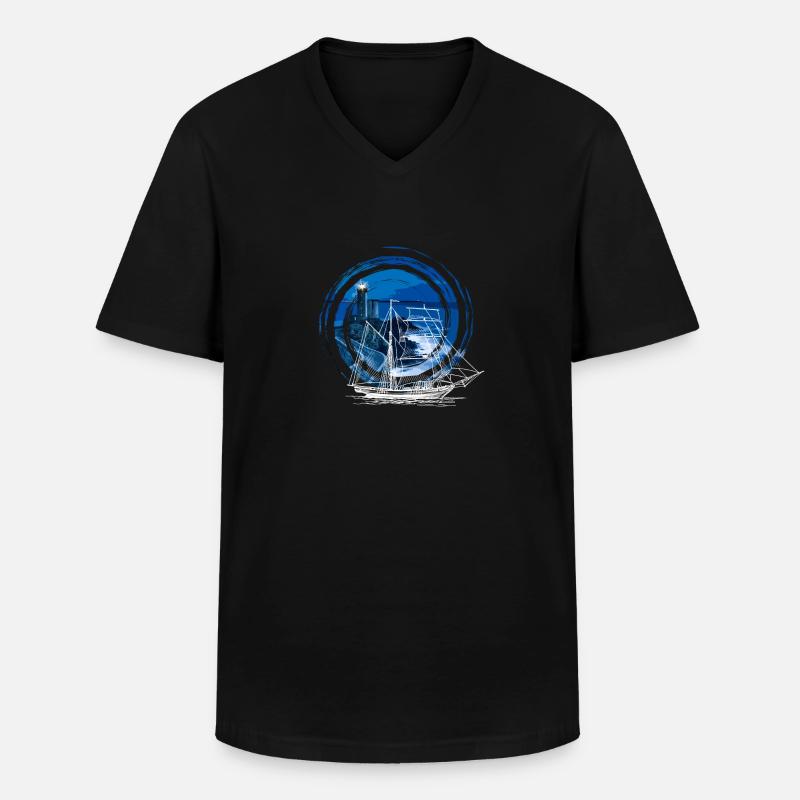 Navire devant un phare - T-shirt col V Homme - noir