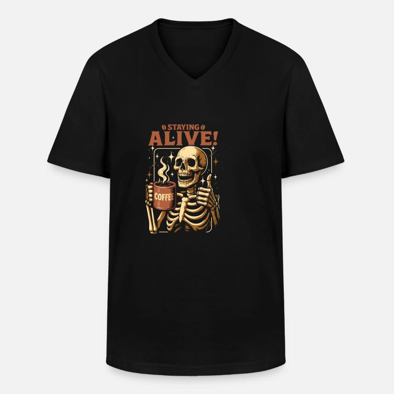 Staying Alive Skelett Kaffee - Männer-T-Shirt mit V-Ausschnitt - Schwarz