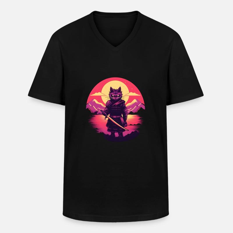 Synthwave samurai Cat - Männer-T-Shirt mit V-Ausschnitt - Schwarz