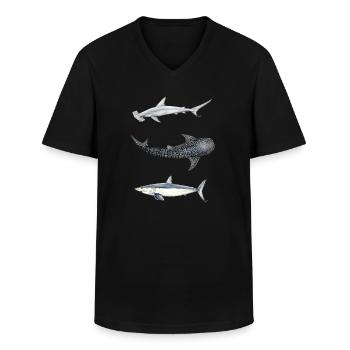 Trio de requins: requin marteau, baleine, mako - T-shirt col V Homme - noir - Devant - AI Model Male 178 dark (178cm)