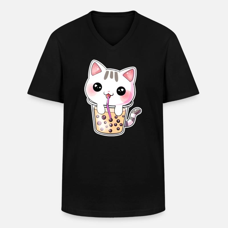 Kawaii Bubble Tea Katze - Männer-T-Shirt mit V-Ausschnitt - Schwarz