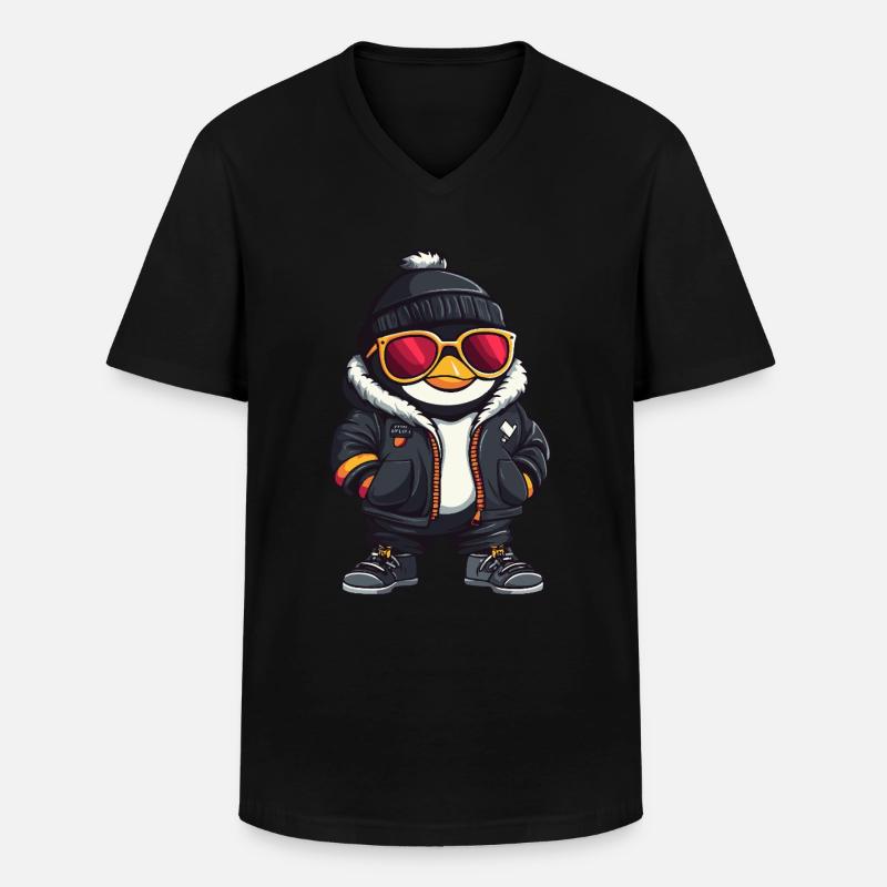 Pinguin Cool Comic - Männer-T-Shirt mit V-Ausschnitt - Schwarz