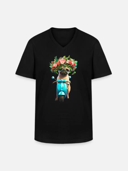 E-Rolller Mops mit Blumenkranz - Männer-T-Shirt mit V-Ausschnitt - Schwarz