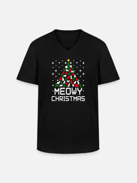Meowy Christmas Cat Tree Ugly - Men's V-Neck T-Shirt - black