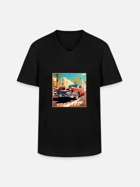 Road Trip,Car,America,Catoon Look - Men's V-Neck T-Shirt - black