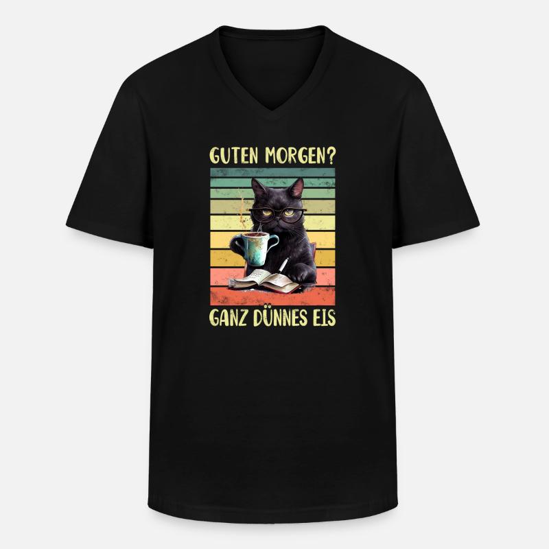 Schwarze Katze Morgenmuffel - Männer-T-Shirt mit V-Ausschnitt - Schwarz
