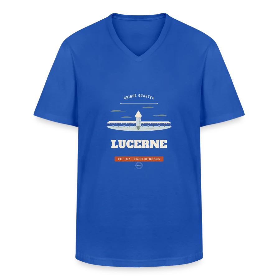 Lucerne badge on a men's v-neck t-shirt, royal blue