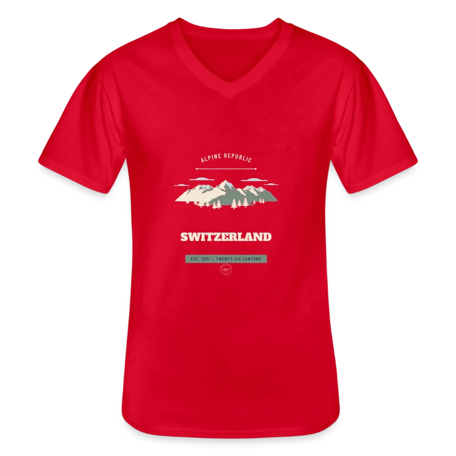 Switzerland badge on a men's v-neck t-shirt, red